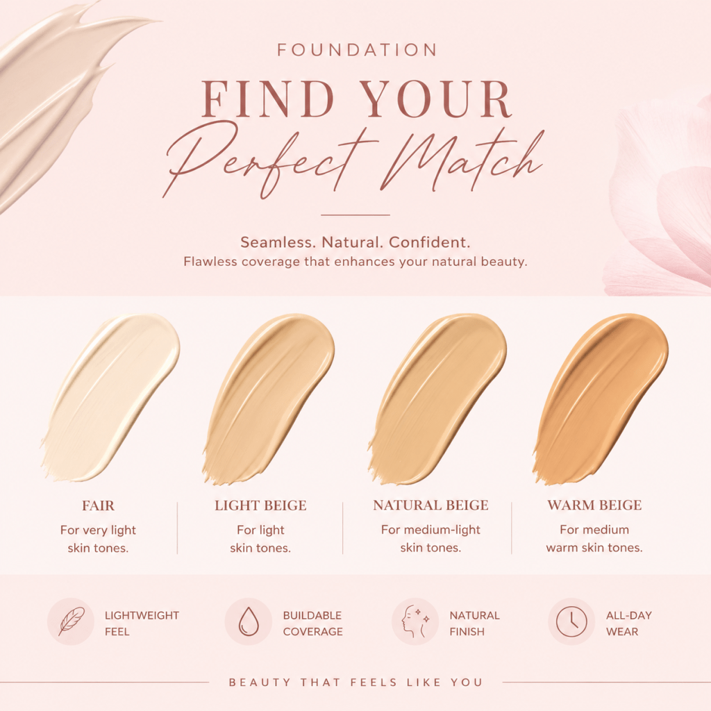 Affordable Foundation shade guide with fair, Natural beige, light beige and Warm beige